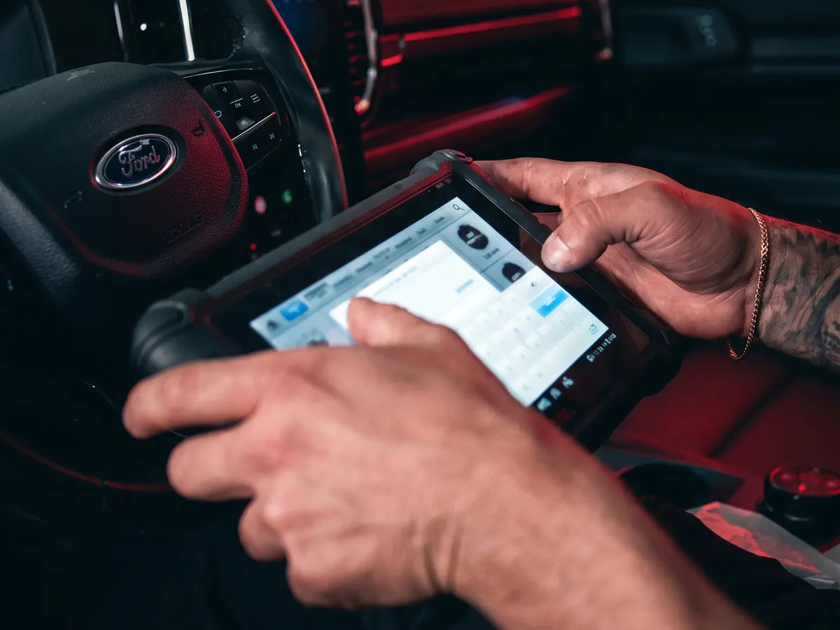 Técnico da TS Auto Center com o scanner de diagnóstico conectado ao veículo